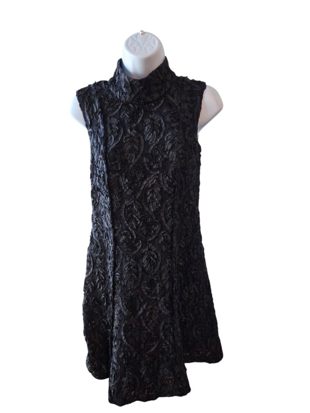 Free People Black Dress M Floral Textured Sleeveles High Neck Open Back Romantic